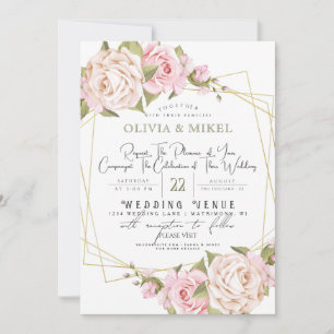 BLUSH ROZE WATERVERF BLOEMEN & LIJST GOUDEN BRUILO KAART