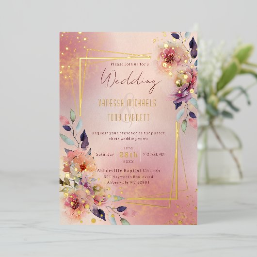 Blush Roze Waterverf Bloemen Rozen Goud Lijst Folie Uitnodiging (Staand Voorkant)