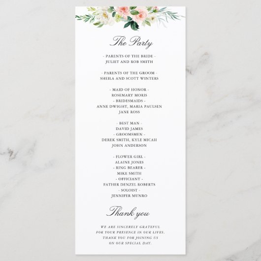 Blush roze waterverf bloemenbruiloft programma programmakaart (Achterkant)