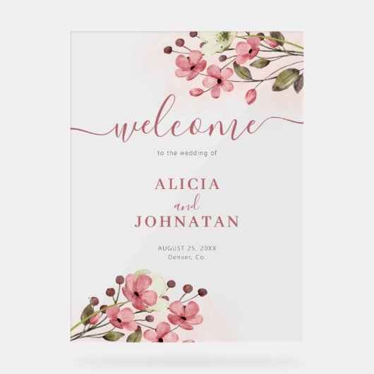 Blush roze waterverf bloemenbruiloft welkomstbord acryl bord (Voorkant)