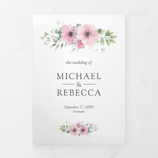 Blush roze Waterverf bloemenfoto bruiloft Drieluik Uitnodiging (Cover)