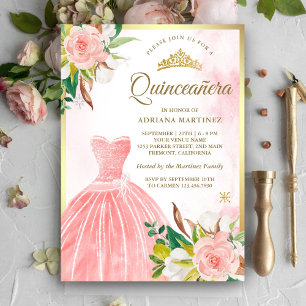 Blush Roze Waterverf Bloemenjurk Goud Quinceanera Kaart