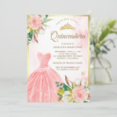 Blush Roze Waterverf Bloemenjurk Goud Quinceanera Kaart (Staand voorkant)