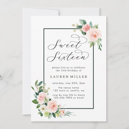 Blush roze Waterverf Bloom Sweet Sixteen Kaart (Voorkant)