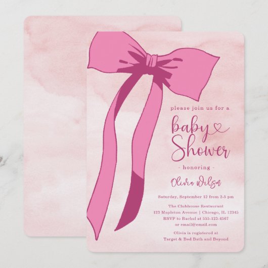 Blush Roze Waterverf Bow Baby shower Kaart (Voorkant / Achterkant)