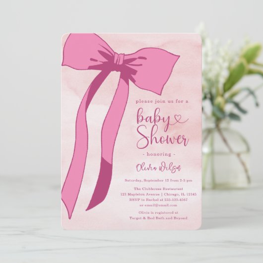 Blush Roze Waterverf Bow Baby shower Kaart (Staand voorkant)