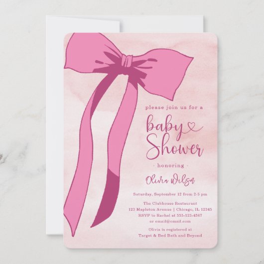 Blush Roze Waterverf Bow Baby shower Kaart (Voorkant)