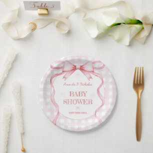 Blush Roze Waterverf Bow Gingham Baby Girl Shower Papieren Bordje