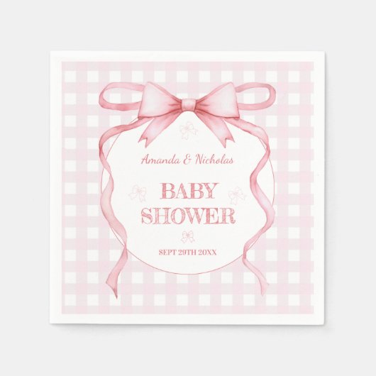 Blush Roze Waterverf Bow Gingham Baby Girl Shower Servet (Voorkant)