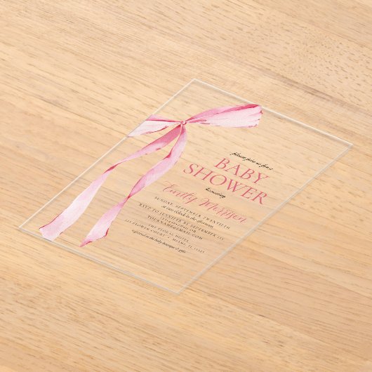 Blush Roze Waterverf Bow Girl Baby shower Acryl Uitnodigingen (Laagn)