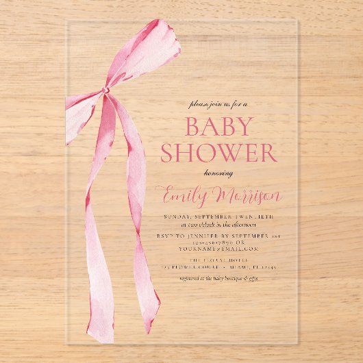 Blush Roze Waterverf Bow Girl Baby shower Acryl Uitnodigingen (Voorkant)