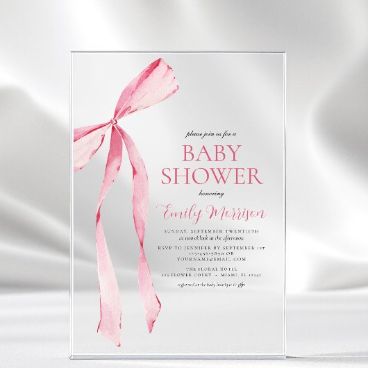 Blush Roze Waterverf Bow Girl Baby shower Acryl Uitnodigingen