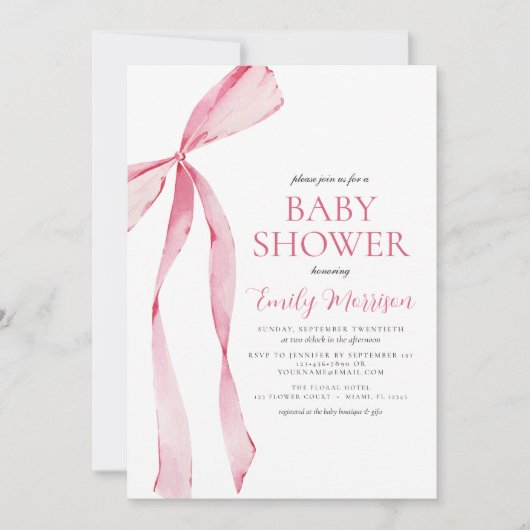 Blush Roze Waterverf Bow Girl Baby shower Kaart (Voorkant)