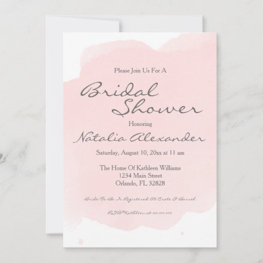 Blush Roze Waterverf Bridal Shower Uitnodiging (Voorkant)