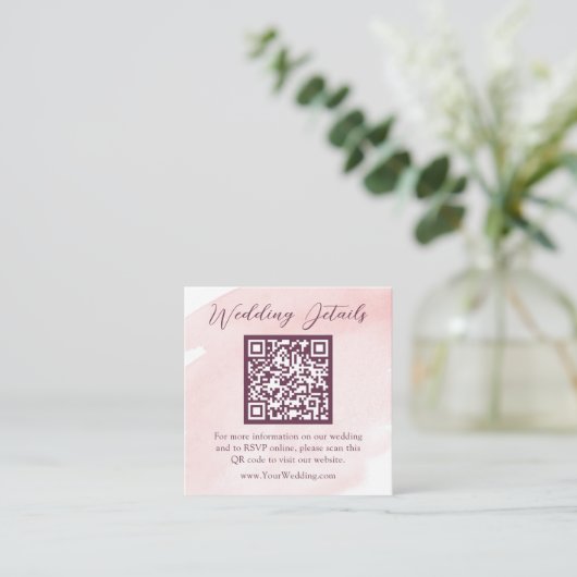 Blush roze Waterverf bruiloft details | QR-code Informatiekaartje (Staand voorkant)
