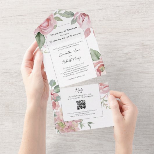 Blush roze Waterverf bruiloft grijs All In One Uitnodiging (Afscheurbaar)