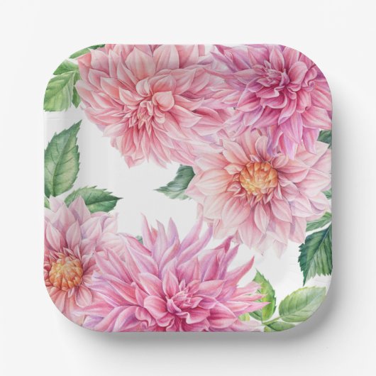 Blush Roze Waterverf Dahlia Bloemen Patroon Papieren Bordje (Voorkant)