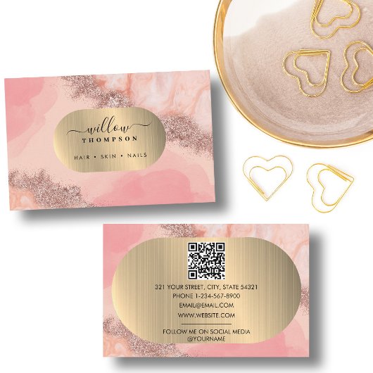 Blush Roze Waterverf Faux Gouden Folie QR Code Visitekaartje