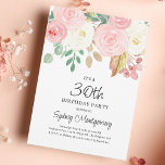 Blush Roze Waterverf Floral 30th Birthday Kaart<br><div class="desc">blush roze waterverf bloemenuitnodiging voor 30ste verjaardagsfeestje. Roze en crème bloemen met groen en gouden bladeren. Alle belangrijke tekst kan door u worden gepersonaliseerd. Zelfs het jaar van de verjaardag kan worden veranderd in 40,  50 of een ander jaar.</div>