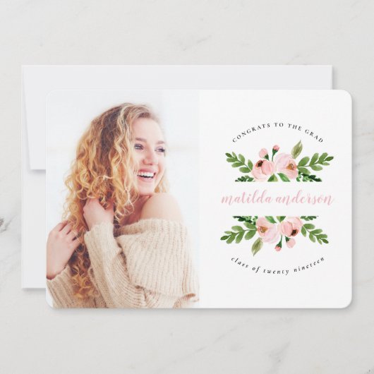 Blush roze waterverf floral afstuderen foto aankondiging (Voorkant)