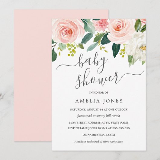 Blush Roze Waterverf Floral Baby shower Kaart (Voorkant / Achterkant)