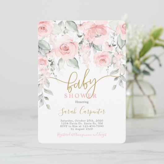 Blush roze waterverf floral baby shower meisje kaart (Staand voorkant)