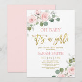 Blush roze waterverf floral Baby shower meisje Kaart (Voorkant / Achterkant)