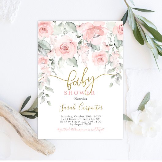 Blush roze waterverf floral baby shower meisje kaart