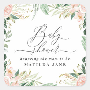 Blush roze waterverf floral baby shower servet vierkante sticker