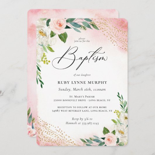 Blush Roze Waterverf Floral Baptisme (Voorkant / Achterkant)