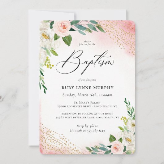 Blush Roze Waterverf Floral Baptisme (Voorkant)