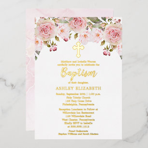 Blush Roze Waterverf Floral Baptisme Folie Uitnodiging