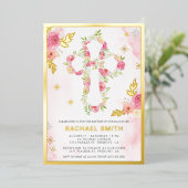 Blush Roze Waterverf Floral Baptisme Gold Folie Uitnodiging (Staand Voorkant)