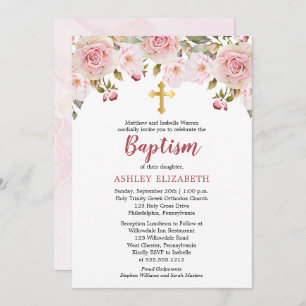 Blush Roze Waterverf Floral Baptisme Invitation Kaart