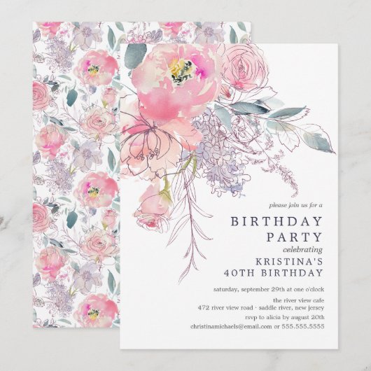 Blush Roze Waterverf Floral Birthday Kaart (Voorkant / Achterkant)