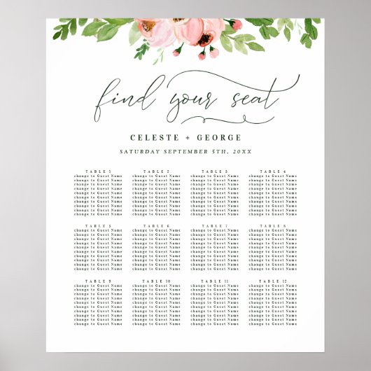 Blush roze waterverf floral bruiloft seplan poster (Voorkant)