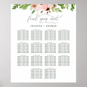 Blush roze waterverf floral bruiloft seplan poster