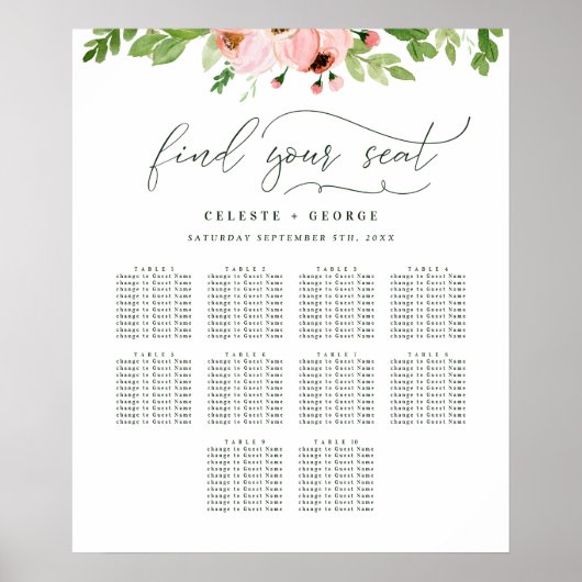 Blush roze waterverf floral bruiloft seplan poster (Voorkant)