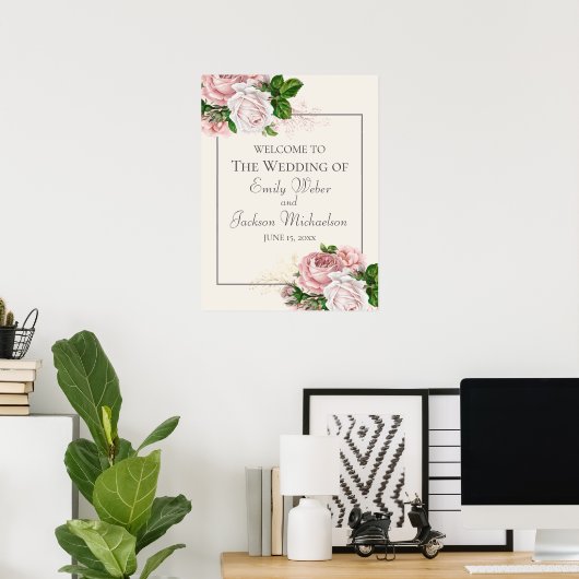 Blush roze Waterverf Floral Cream Weddenschap Welk Poster (Thuiskantoor)