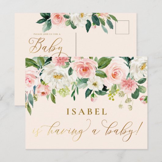 Blush Roze Waterverf Floral Farmhouse Baby shower Briefkaart (Voorkant / Achterkant)