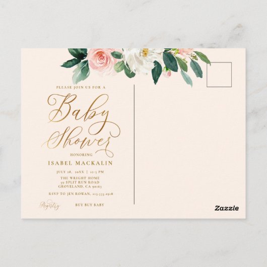 Blush Roze Waterverf Floral Farmhouse Baby shower Briefkaart (Achterkant)