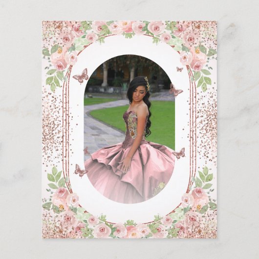 Blush Roze Waterverf Floral Glitter Quinceanera Flyer (Achterkant)