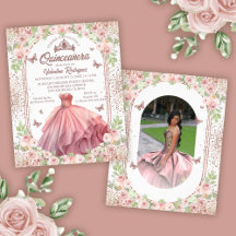 Blush Roze Waterverf Floral Glitter Quinceanera