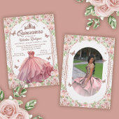 Blush Roze Waterverf Floral Glitter Quinceanera Kaart
