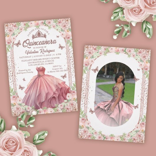 Blush Roze Waterverf Floral Glitter Quinceanera Kaart