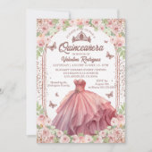 Blush Roze Waterverf Floral Glitter Quinceanera Kaart (Voorkant)