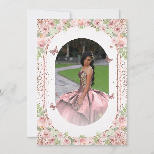 Blush Roze Waterverf Floral Glitter Quinceanera Kaart (Achterkant)