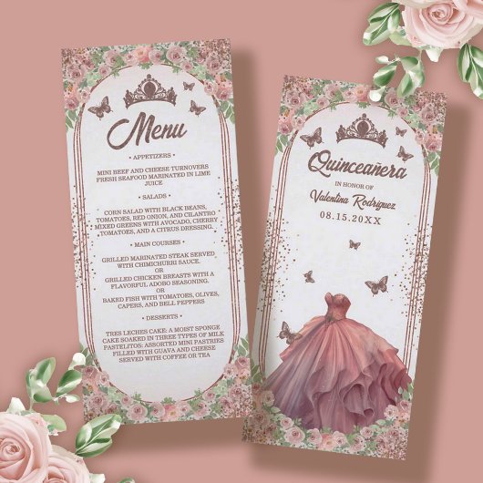 Blush Roze Waterverf Floral Glitter Quinceanera Menu