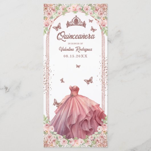 Blush Roze Waterverf Floral Glitter Quinceanera Menu (Achterkant)
