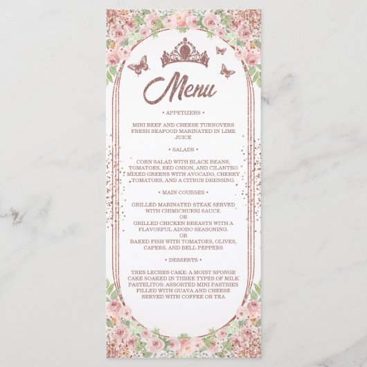 Blush Roze Waterverf Floral Glitter Quinceanera Menu (Voorkant)